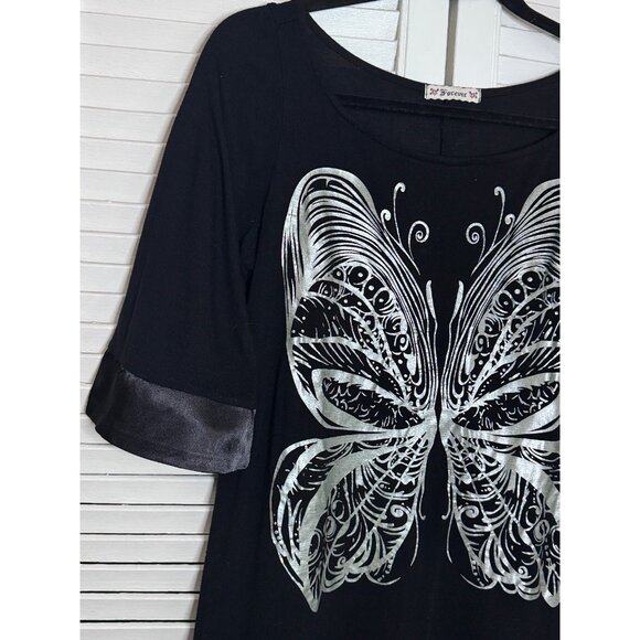 VTG Forever Womens Y2K Black Butterfly Silver Print Tunic Sz L Fairycore Boho - Picture 2 of 9